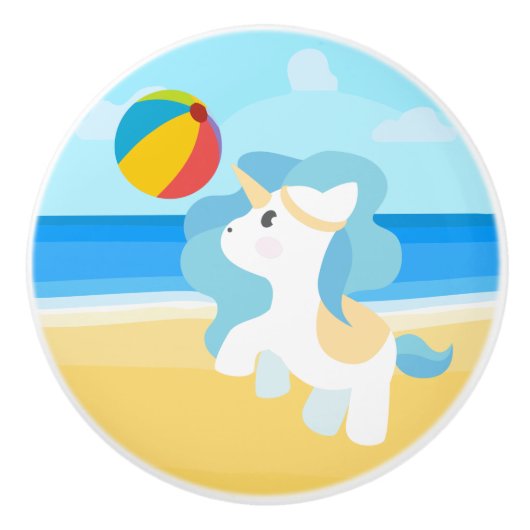 Eenhoorn speelt op het strand keramische knop (Voorkant)