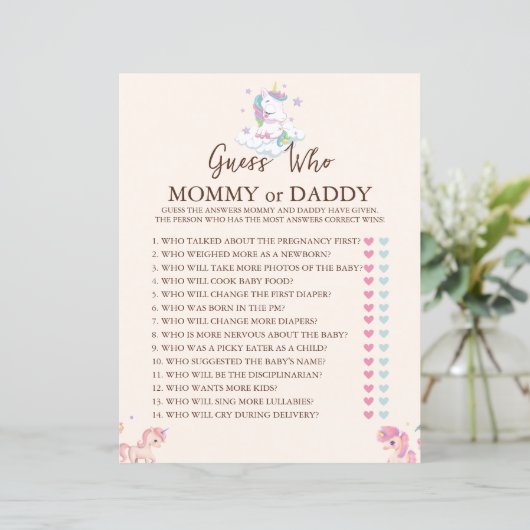 Eenhoorn spel Raad wie Regenboog Baby Shower (Staand voorkant)