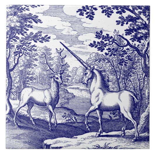Eenhoorn & Stag Blauw & Wit Tegeltje (Voorkant)