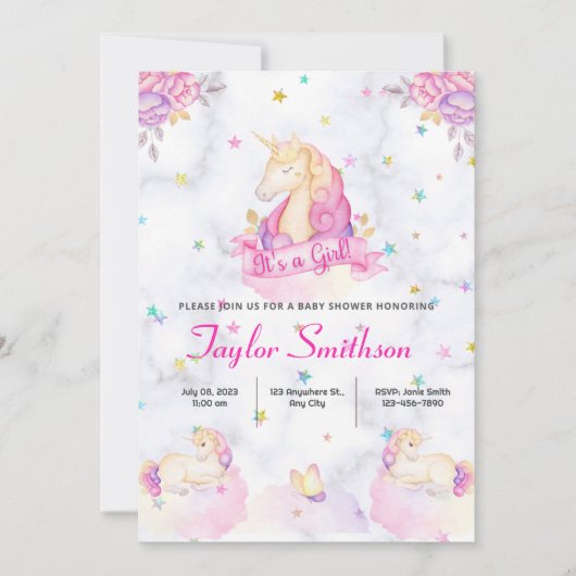 Eenhoorn, Sterren en Wolken Roze Theme Baby shower Kaart (Voorkant)
