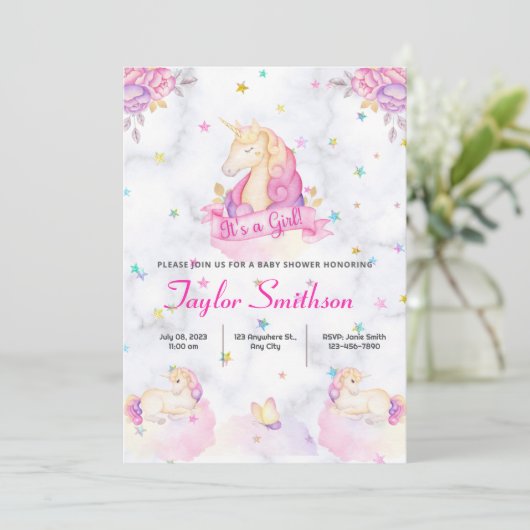 Eenhoorn, Sterren en Wolken Roze Theme Baby shower Kaart (Staand voorkant)