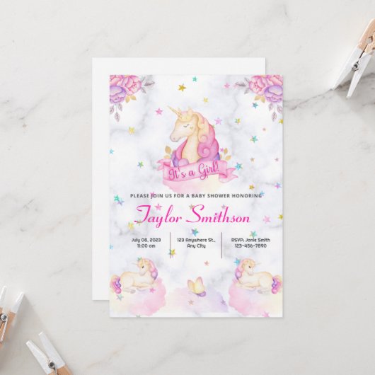 Eenhoorn, Sterren en Wolken Roze Theme Baby shower Kaart (Voorkant / Achterkant in situ)