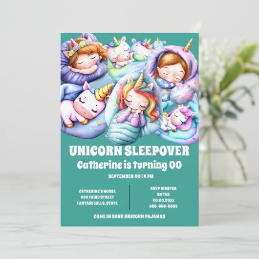 Eenhoorn thema sleepover sluimer pyjama kinder kaart (Staand voorkant)
