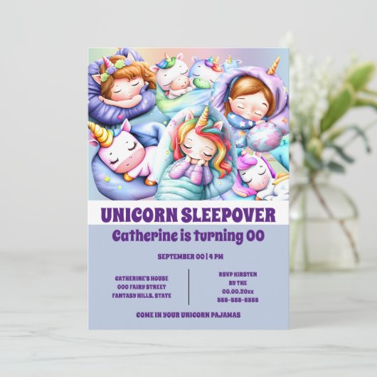 Eenhoorn thema sleepover sluimer pyjama party kaart (Staand voorkant)