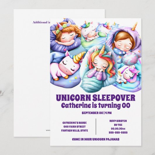 Eenhoorn thema sleepover sluimerende pyjama meisje kaart (Voorkant / Achterkant)