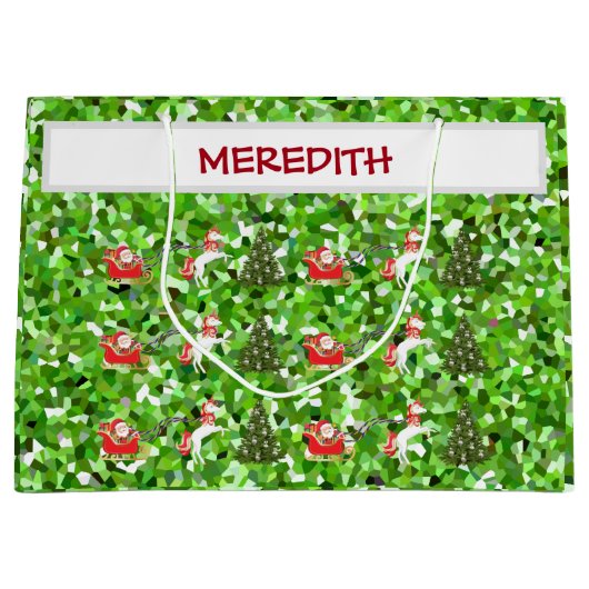 Eenhoorn trekt aan de slee van de kerstman kerstca groot cadeauzakje (Voorkant)