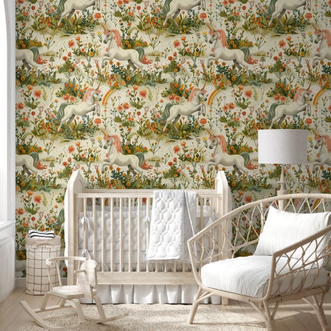 Eenhoorn tuin op wit behang (Kinderen)