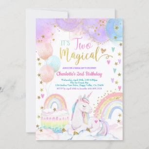 Eenhoorn Twee Magische 2de Verjaardagsfeest Pastel Kaart