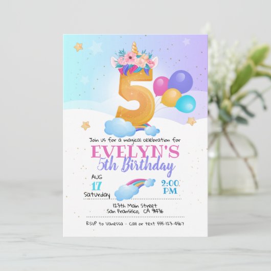 Eenhoorn uitnodiging, Eenhoorn 5e verjaardag Kaart (Staand voorkant)
