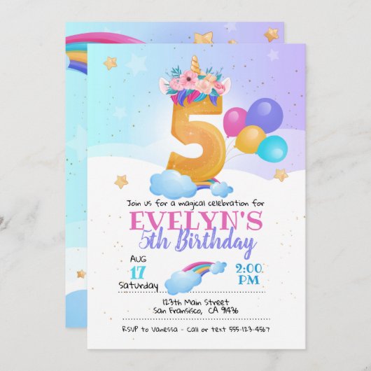 Eenhoorn uitnodiging, Eenhoorn 5e verjaardag Kaart (Voorkant / Achterkant)