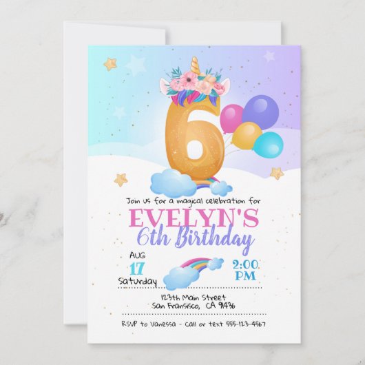 Eenhoorn uitnodiging, Eenhoorn 6e verjaardag Kaart (Voorkant)