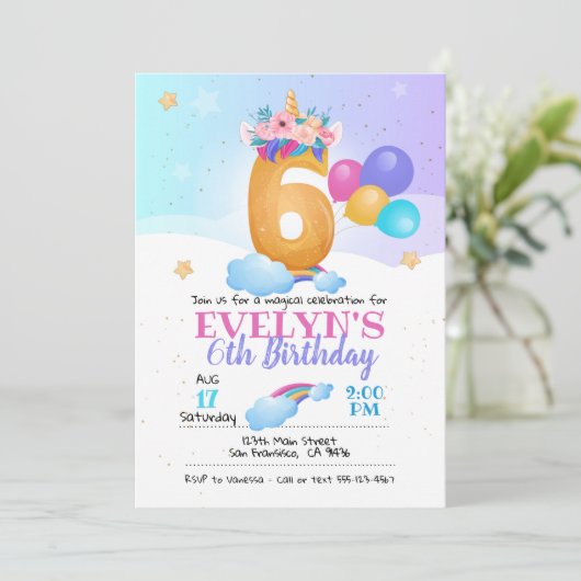 Eenhoorn uitnodiging, Eenhoorn 6e verjaardag Kaart (Staand voorkant)