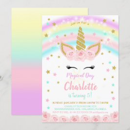 Eenhoorn Uitnodiging met Regenboog en Roze Bloemen