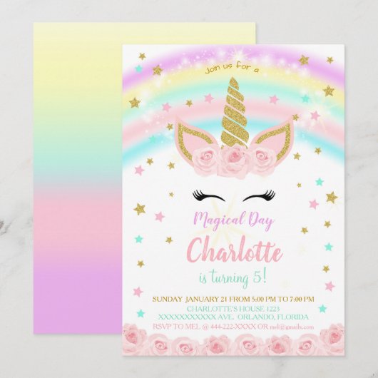 Eenhoorn Uitnodiging met Roze Bloemen Regenboog (Voorkant / Achterkant)