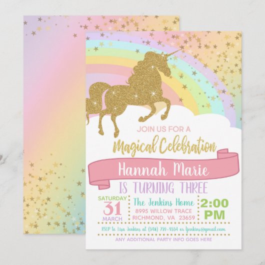 Eenhoorn Uitnodiging - Over de Regenboog & Glitter (Voorkant / Achterkant)