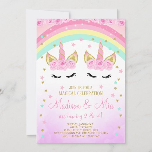 Eenhoorn uitnodiging, Tweeling Eenhoorn Uitnodigin Kaart (Voorkant)