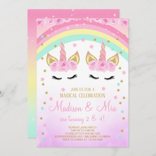 Eenhoorn uitnodiging, Tweeling Eenhoorn Uitnodigin Kaart (Voorkant / Achterkant)