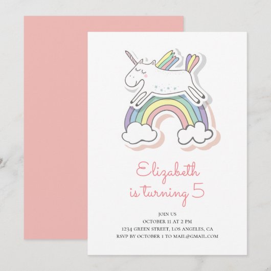Eenhoorn. Uitnodiging voor verjaardagsfeestje. Bab (Voorkant / Achterkant)