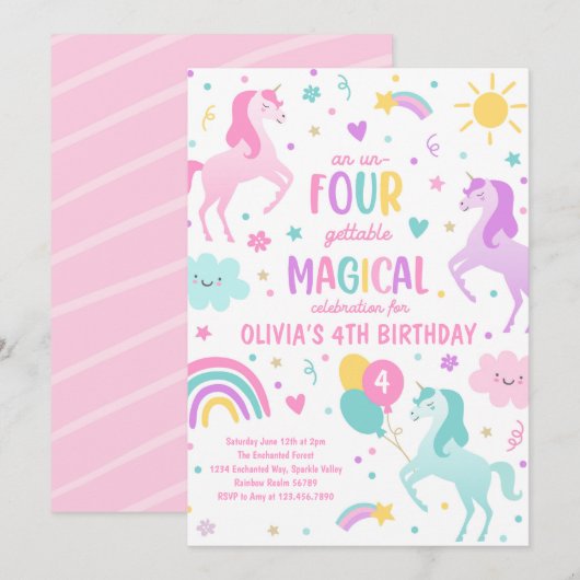 Eenhoorn Un-Four-Gettable 4th Party Verjaardagsfee Kaart (Voorkant / Achterkant)