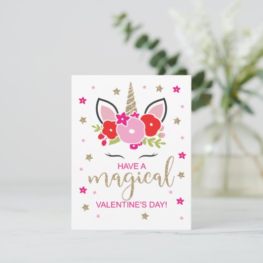 Eenhoorn Valentijnsdag Kaart Goud Rood en Roze (Staand voorkant)