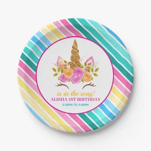 Eenhoorn Verjaardag 1e Verjaardagsfeest Papieren Bordje (Voorkant)