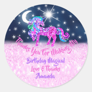 Eenhoorn Verjaardag Blauw Navy Roze Bedankt Stars Ronde Sticker