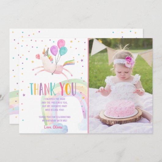 Eenhoorn Verjaardag Dank u kaart Roze Magisch (Voorkant / Achterkant)