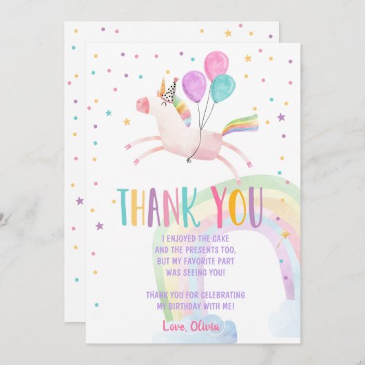 Eenhoorn Verjaardag Dank u kaart Roze Magisch (Voorkant / Achterkant)