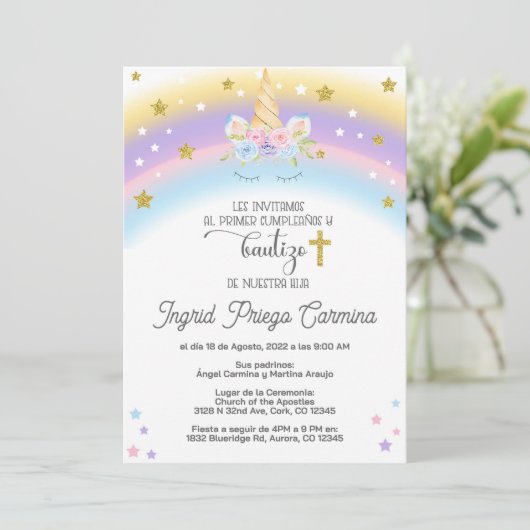 Eenhoorn verjaardag doop uitnodiging Spaans. (Staand voorkant)