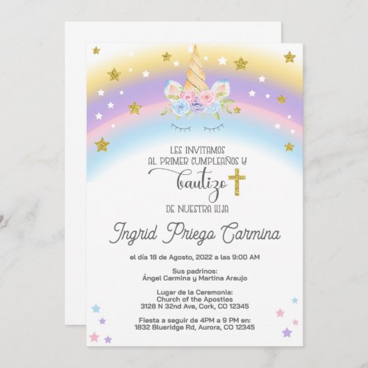 Eenhoorn verjaardag doop uitnodiging Spaans. (Voorkant / Achterkant)
