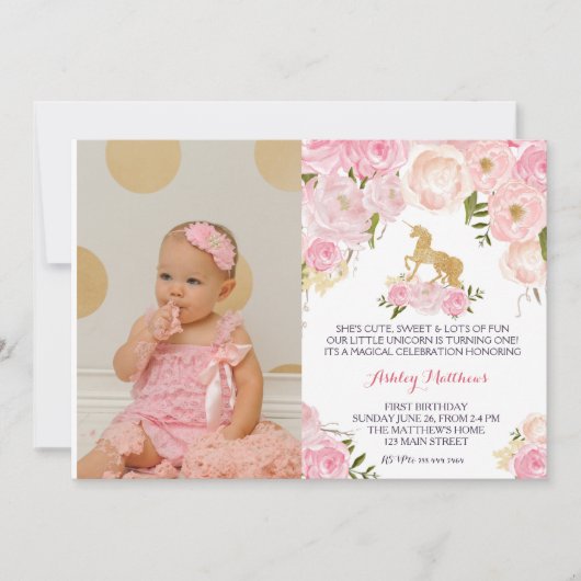 Eenhoorn verjaardag EERSTE Bloemenuitnodiging, Kaart (Voorkant)