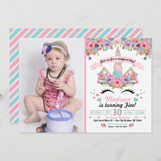 Eenhoorn Verjaardag Foto uitnodiging (Voorkant / Achterkant)