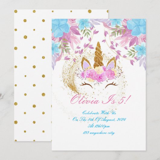 EENHOORN VERJAARDAG GOUD ROZE PAARSE KAART (Voorkant / Achterkant)