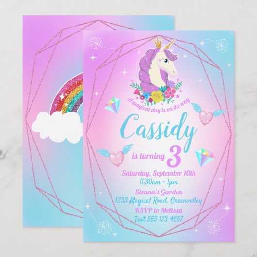 Eenhoorn Verjaardag Magische Glitter Regenboog Kaart (Voorkant / Achterkant)