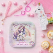 Eenhoorn Verjaardag Meisje Paarse Gouden Regenboog Papieren Bordje (Feest)