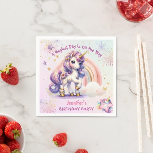 Eenhoorn Verjaardag Meisje Paarse Gouden Regenboog Servet (Insitu)