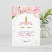 Eenhoorn verjaardag roze Mooie Bloemenuitnodiging, Kaart (Staand voorkant)