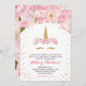Eenhoorn verjaardag roze Mooie Bloemenuitnodiging, Kaart (Voorkant / Achterkant)