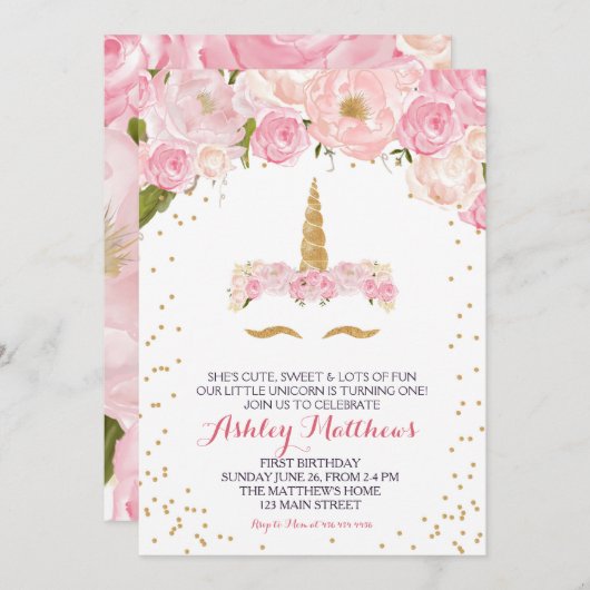 Eenhoorn verjaardag roze Mooie Bloemenuitnodiging, Kaart (Voorkant / Achterkant)