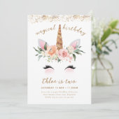 Eenhoorn Verjaardag Uitnodigen, Bloemen Roze Goude Kaart (Staand voorkant)