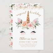Eenhoorn Verjaardag Uitnodigen, Bloemen Roze Goude Kaart (Voorkant / Achterkant)