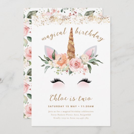 Eenhoorn Verjaardag Uitnodigen, Bloemen Roze Goude Kaart (Voorkant / Achterkant)