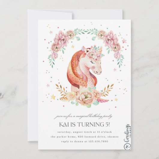 Eenhoorn Verjaardag uitnodiging 5 jaar (Voorkant)