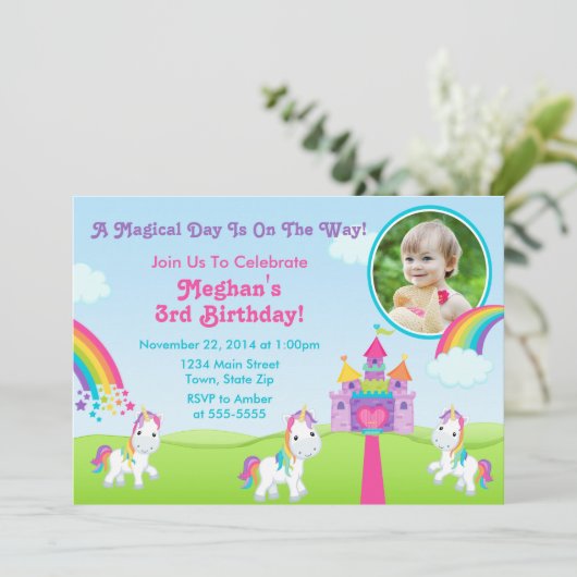 Eenhoorn Verjaardag Uitnodiging 5x7 Fotokaart (Staand voorkant)