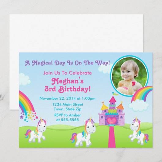 Eenhoorn Verjaardag Uitnodiging 5x7 Fotokaart (Voorkant / Achterkant)