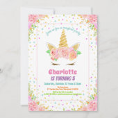 Eenhoorn verjaardag uitnodiging. Aquarel Bloemen Kaart (Voorkant)