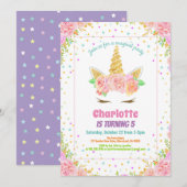 Eenhoorn verjaardag uitnodiging. Aquarel Bloemen Kaart (Voorkant / Achterkant)