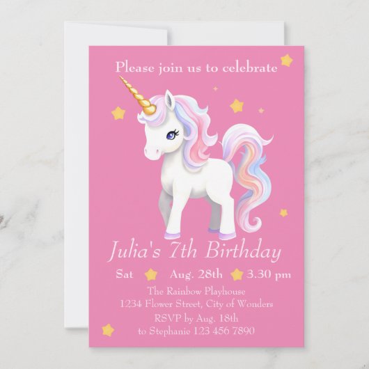 Eenhoorn Verjaardag Uitnodiging - Eenhoorn Feest (Voorkant)