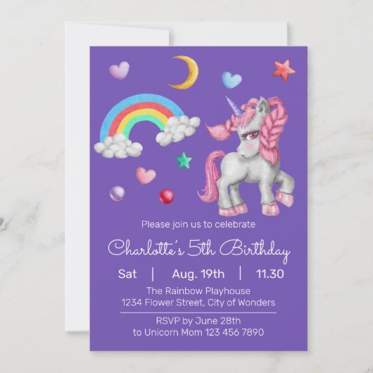 Eenhoorn Verjaardag Uitnodiging - Eenhoorn Feest (Voorkant)