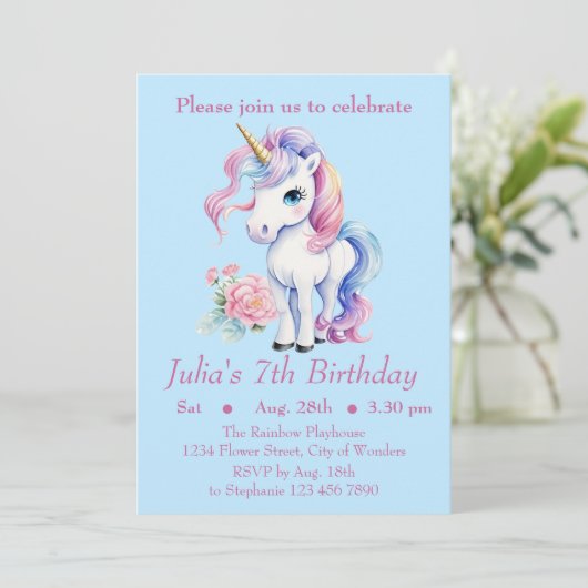 Eenhoorn Verjaardag Uitnodiging - Eenhoorn Feest (Staand voorkant)